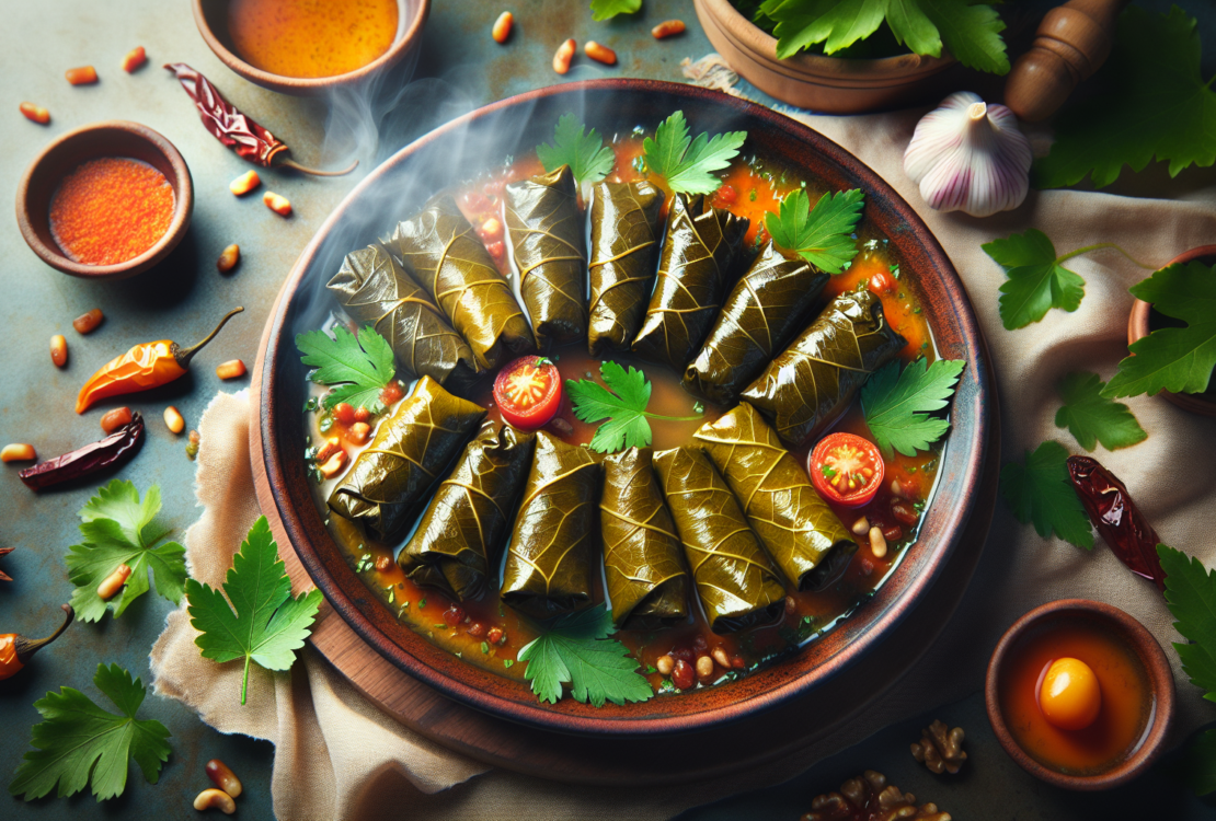 A close-up view of beautifully rolled stuffed grape leaves garnished with fresh herbs.
