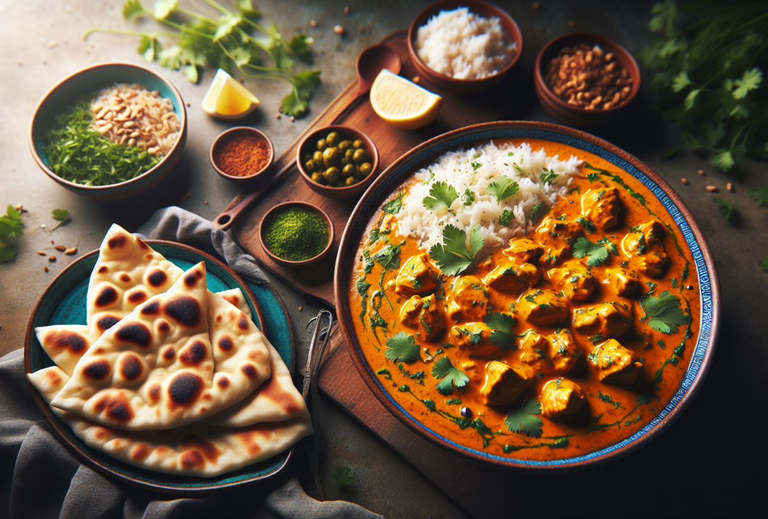 A vibrant bowl of creamy chicken curry garnished with fresh cilantro, served with naan and rice.