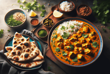 A vibrant bowl of creamy chicken curry garnished with fresh cilantro, served with naan and rice.