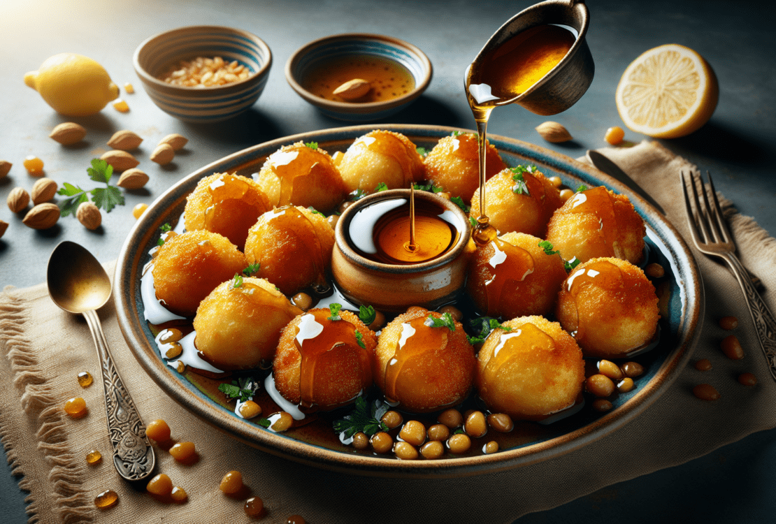 Golden brown crispy dough balls served on a plate with syrup drizzling over them.