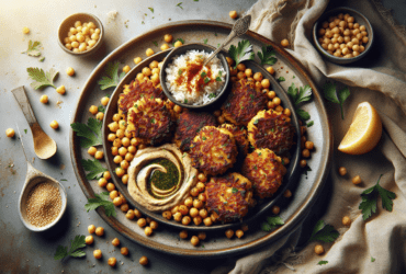 A plate of golden-brown spiced chickpea fritters garnished with fresh parsley and served with tahini sauce.