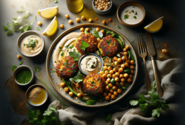Golden-brown chickpea fritters served with fresh herbs and tahini sauce.