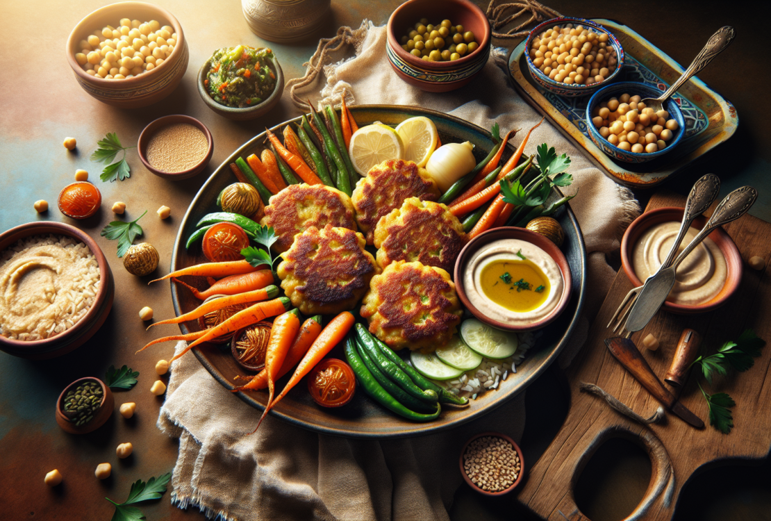 Golden brown chickpea fritters served with fresh vegetables and tahini sauce.