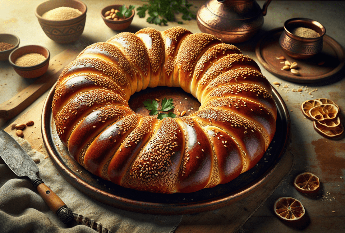 A beautifully baked ring of crusty sesame bread, golden brown and inviting.