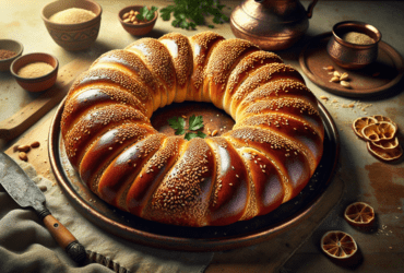 A beautifully baked ring of crusty sesame bread, golden brown and inviting.