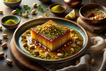 A beautifully presented plate of golden-brown knafeh topped with crushed pistachios and drizzled with syrup.