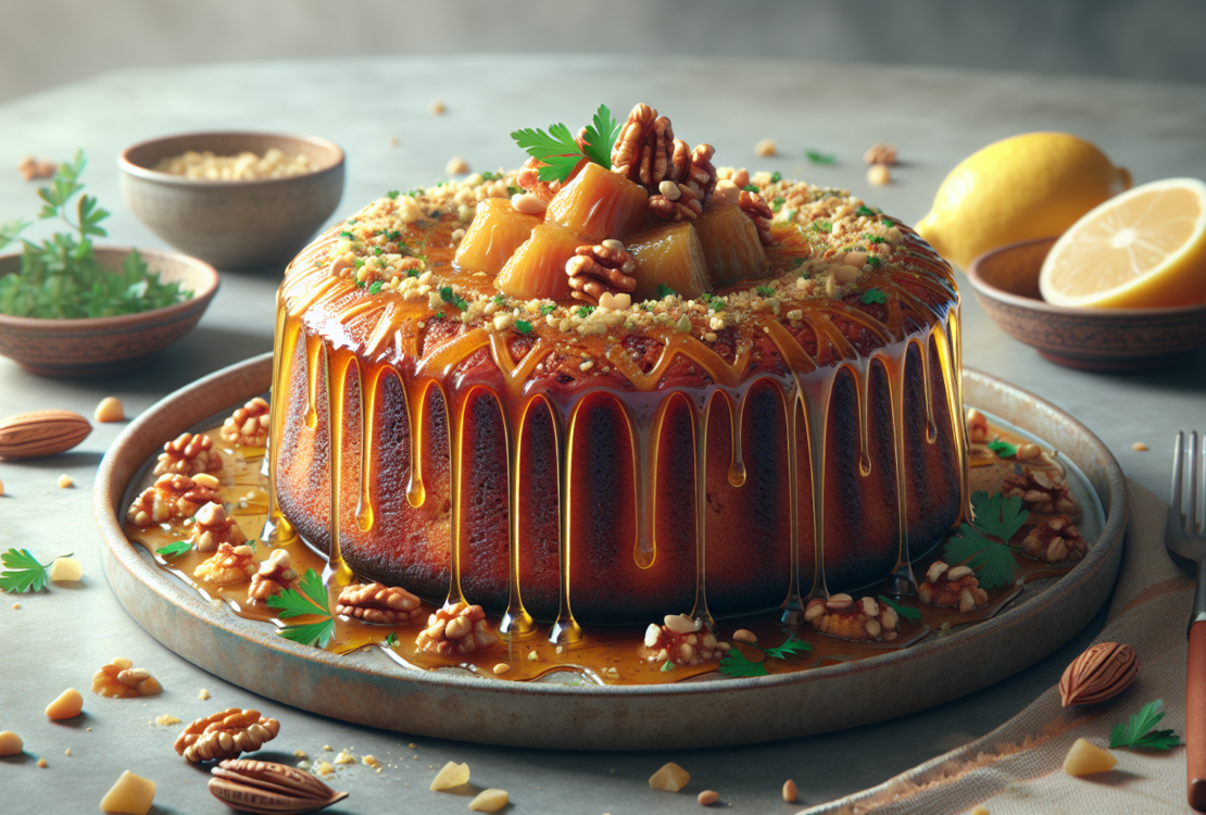 A beautifully baked fenugreek cake drizzled with syrup, garnished with crushed nuts.