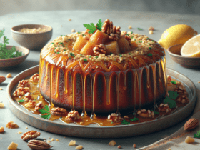 Scopri i ricchi sapori di questa tradizionale torta di fieno greco palestinese, immersa in uno sciroppo dolce per un delizioso trattamento. Conservare in un contenitore ermetico a temperatura ambiente per un massimo di 5 giorni. Ideale per riunioni familiari e occasioni speciali.