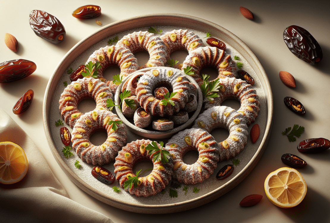 A beautifully arranged plate of ring-shaped date-filled cookies dusted with powdered sugar.