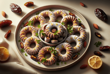 A beautifully arranged plate of ring-shaped date-filled cookies dusted with powdered sugar.