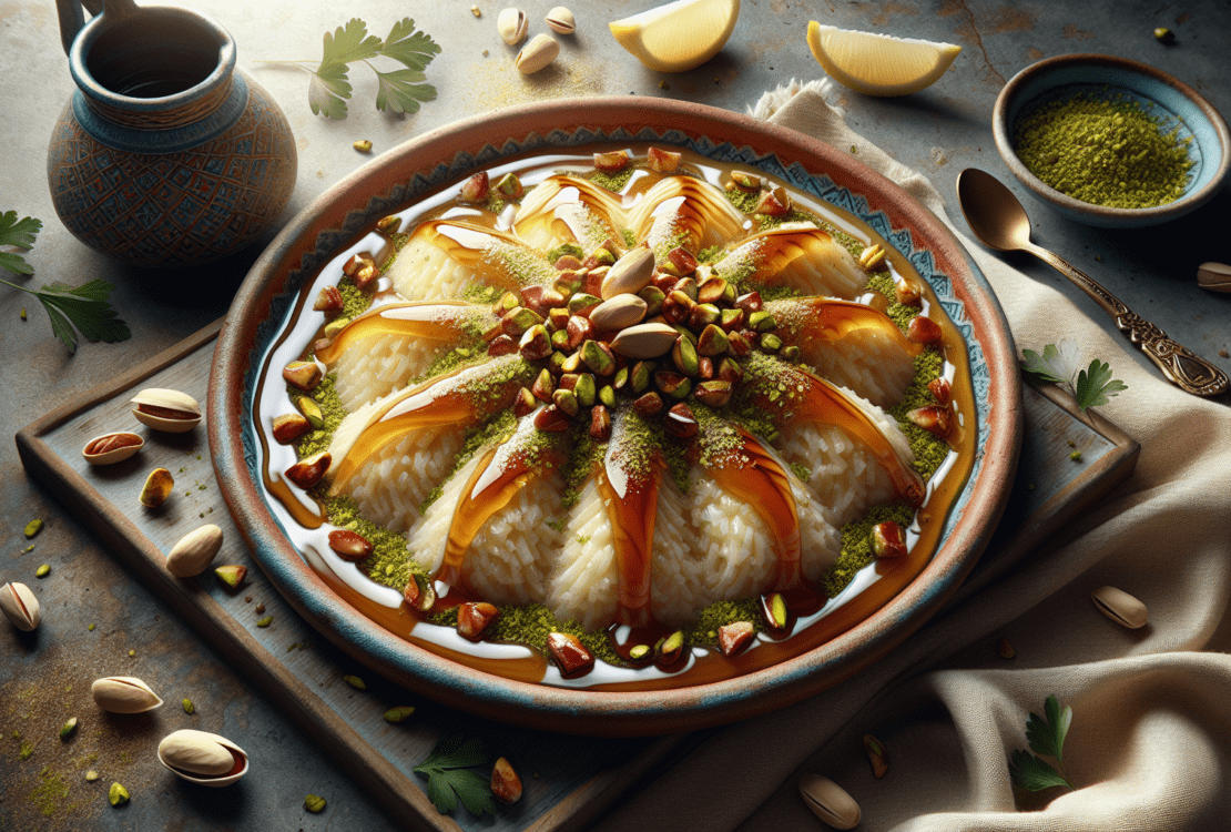 Golden-brown Qatayef drizzled with syrup, garnished with crushed pistachios.