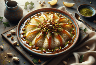 Golden-brown Qatayef drizzled with syrup, garnished with crushed pistachios.