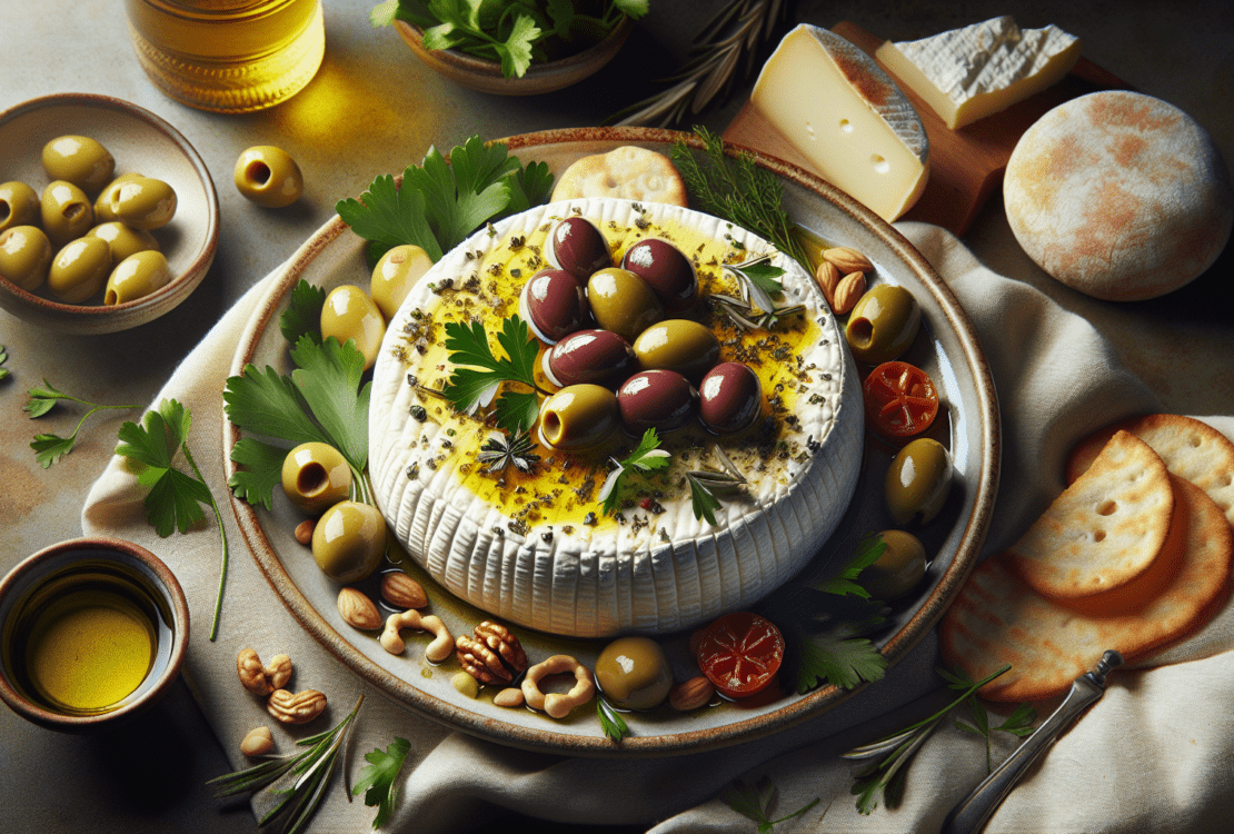 A plate of creamy brined cheese garnished with fresh herbs and olives.