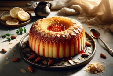 A beautifully plated semolina cake garnished with almonds and drizzled with syrup.