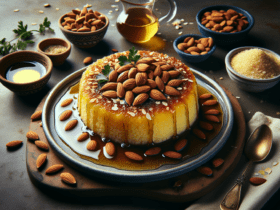 Um delicioso bolo de semolina embebido em xarope, frequentemente decorado com amêndoas para um perfeito doce. Armazene o bolo restante em um recipiente hermético à temperatura ambiente por até 3 dias. Os sabores se intensificam enquanto descansa.