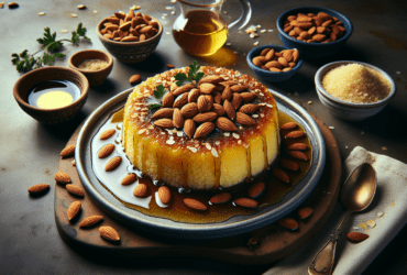 A beautifully plated semolina cake, drenched in syrup and topped with almonds, inviting and aromatic.