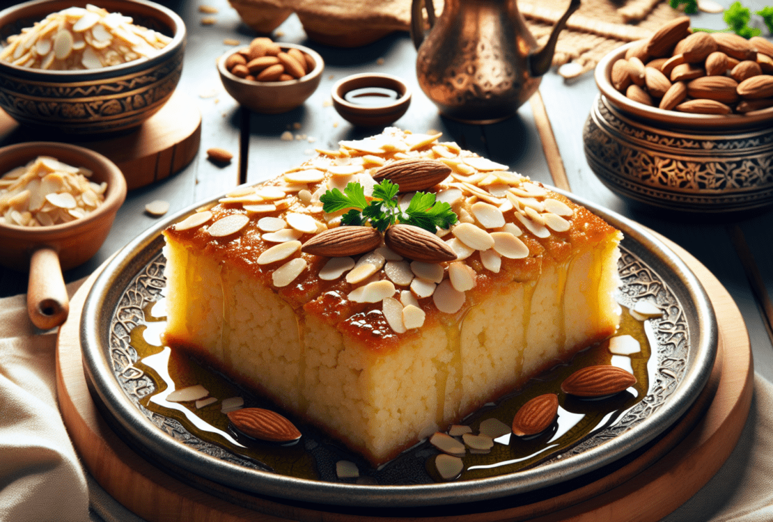 A luscious slice of semolina cake, glistening with syrup and adorned with almond slivers.