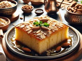 Découvrez le mélange parfait de texture et de douceur avec ce gâteau traditionnel de semoule arrosé de sirop et garni de noix croquantes. Conservez les restes dans un récipient hermétique à température ambiante pendant jusqu'à 3 jours. Ce plat est parfait pour les réunions de famille et les occasions spéciales.