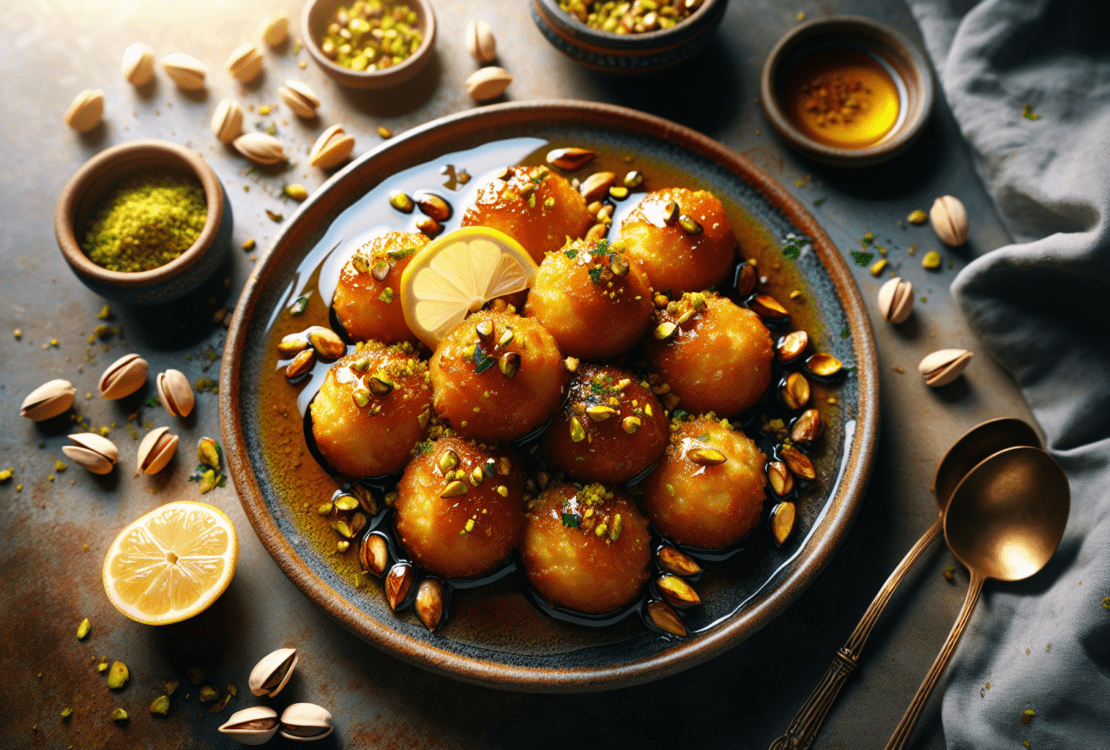 A plate of golden, crispy dough balls glistening with syrup, garnished with crushed pistachios.