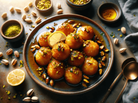 A plate of golden, crispy dough balls glistening with syrup, garnished with crushed pistachios.