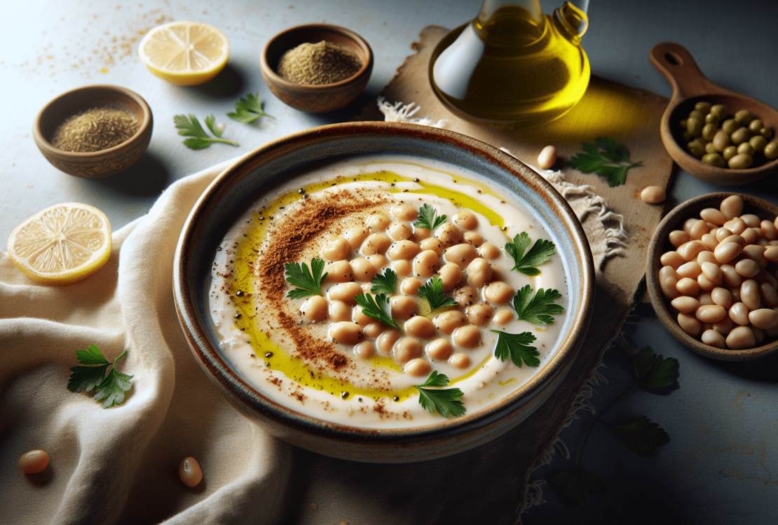 A bowl of creamy fava bean soup drizzled with olive oil and sprinkled with cumin, garnished with fresh parsley.