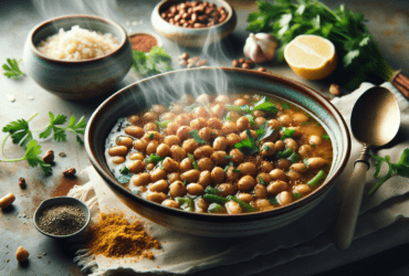 A warm bowl of fava bean soup drizzled with olive oil, sprinkled with cumin, and garnished with fresh herbs.