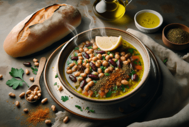 A steaming bowl of fava bean soup drizzled with olive oil and sprinkled with cumin, served with warm bread.
