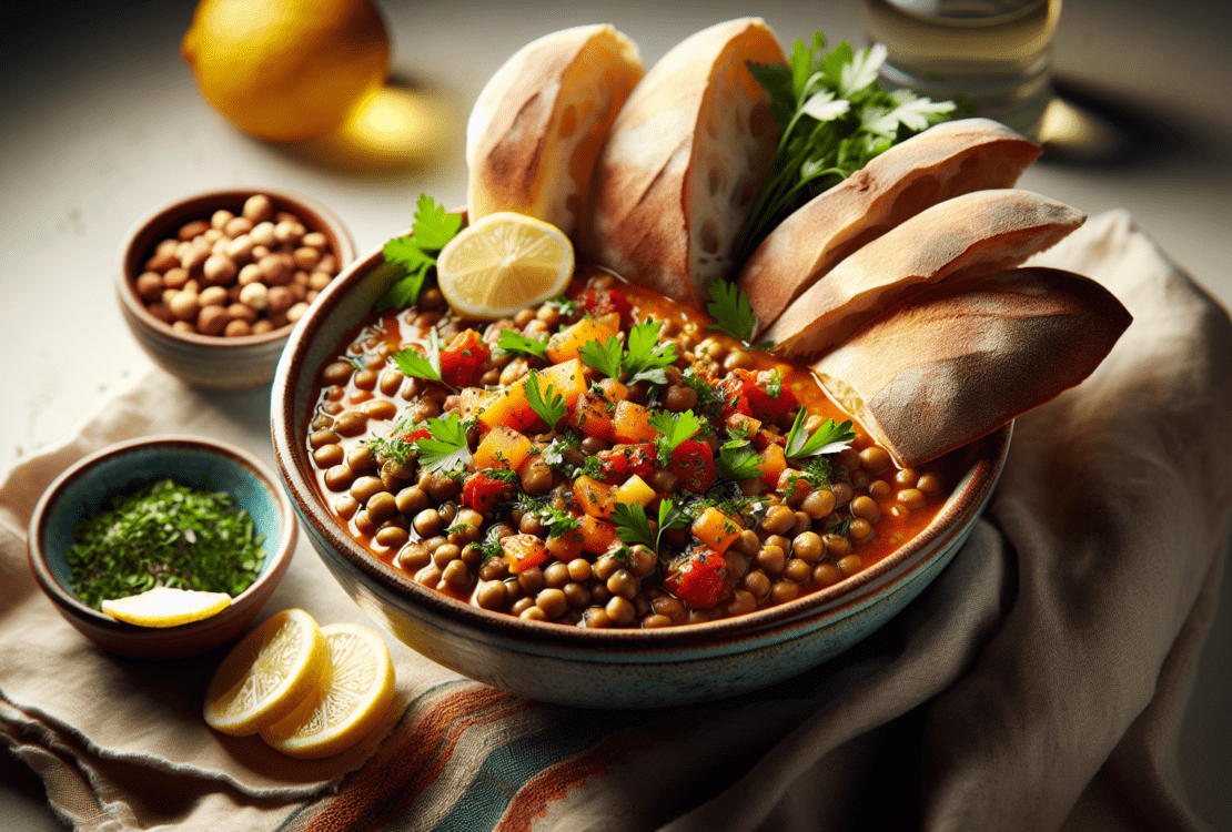 A bowl of vibrant lentil stew garnished with fresh herbs, served with warm bread.