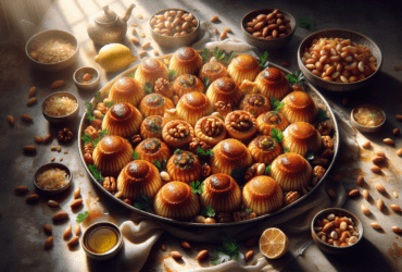 A beautifully arranged platter of golden-brown nut pastries glistening with syrup.
