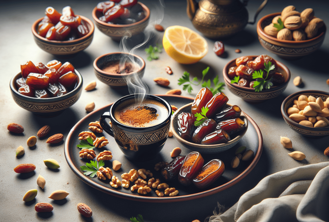 A beautifully arranged serving of Palestinian cardamom coffee in small cups, surrounded by dates and nuts.