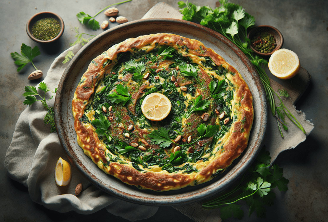 A vibrant herb omelette garnished with fresh greens and served on a rustic plate.