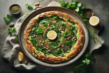 A vibrant herb omelette garnished with fresh greens and served on a rustic plate.