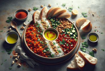 A vibrant bowl of spiced dipping mix surrounded by fresh bread and olive oil.