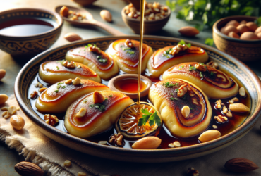 Golden-brown stuffed pancakes folded into crescents, garnished with nuts and drizzled with syrup.