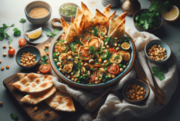 A colorful bowl of Palestinian bread salad topped with fresh herbs and crispy pita chips.