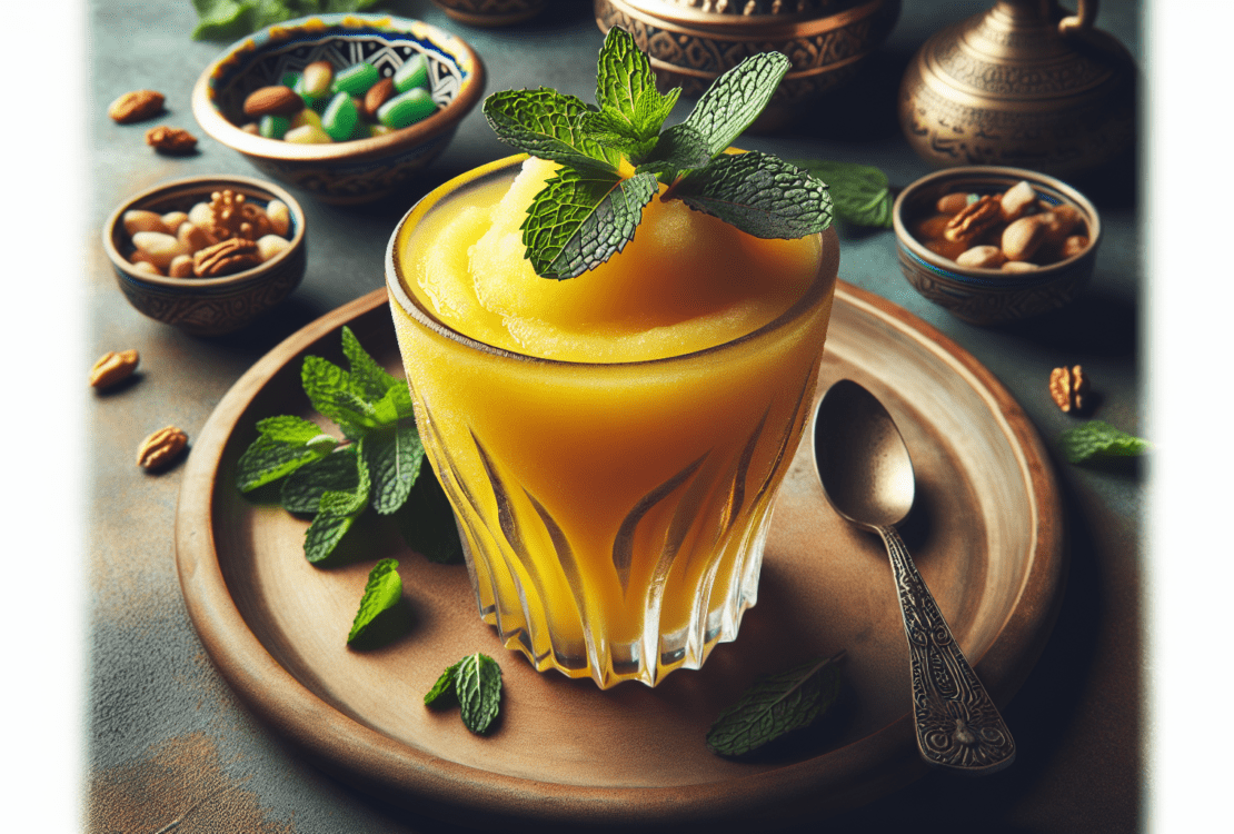 A vibrant glass of yellow frozen beverage garnished with mint leaves, served on a sunny day.
