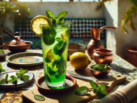 A tall glass of vibrant green mint lemonade garnished with fresh mint leaves and lemon slices, served on a sunny patio.