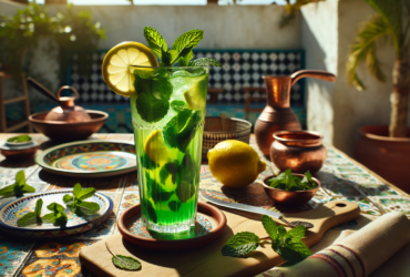 A tall glass of vibrant green mint lemonade garnished with fresh mint leaves and lemon slices, served on a sunny patio.