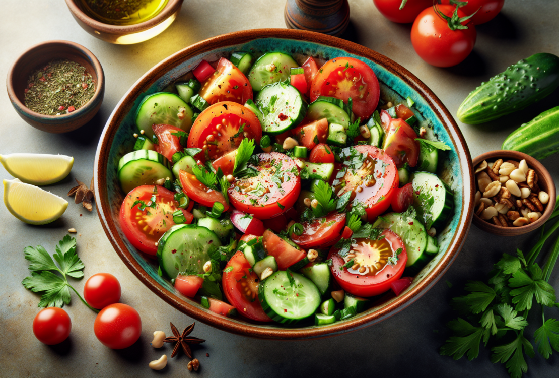 A vibrant bowl of fresh Palestinian salad bursting with colors from ripe tomatoes, crisp cucumbers, and aromatic herbs.