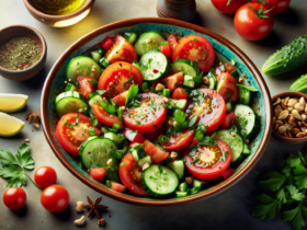 Un mélange simple et rafraîchissant de tomates, concombres et oignons coupés en dés, assaisonné d'huile d'olive et de jus de citron. Meilleur servi frais. Peut être conservé au réfrigérateur jusqu'à 2 jours dans un contenant hermétique.