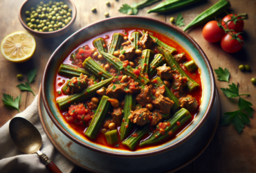 A vibrant bowl of Palestinian okra and meat stew, rich in color with tender pieces of meat and fresh okra floating in a luscious tomato sauce.