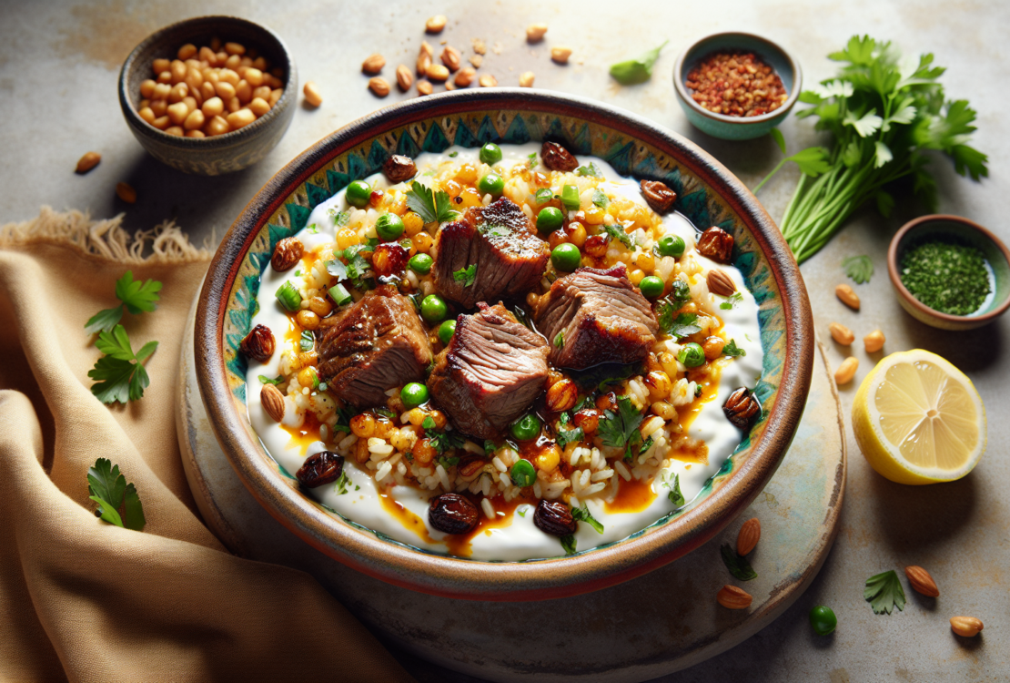 A beautifully plated dish of fermented yogurt topped with succulent lamb and garnished with herbs.