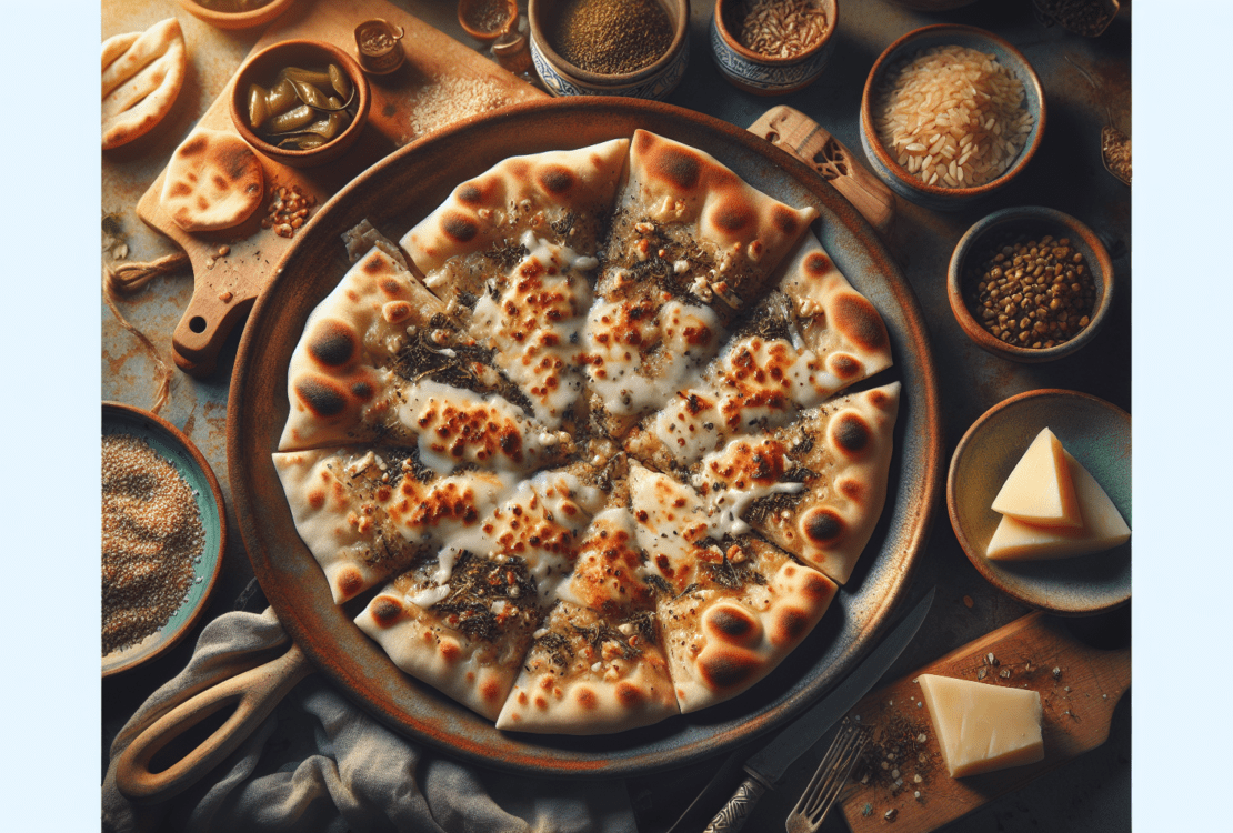 Freshly baked Palestinian flatbreads topped with zaatar and cheese, served warm.