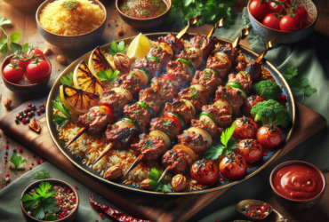 Juicy and aromatic grilled meat skewers served on a platter, garnished with fresh herbs and vegetables.