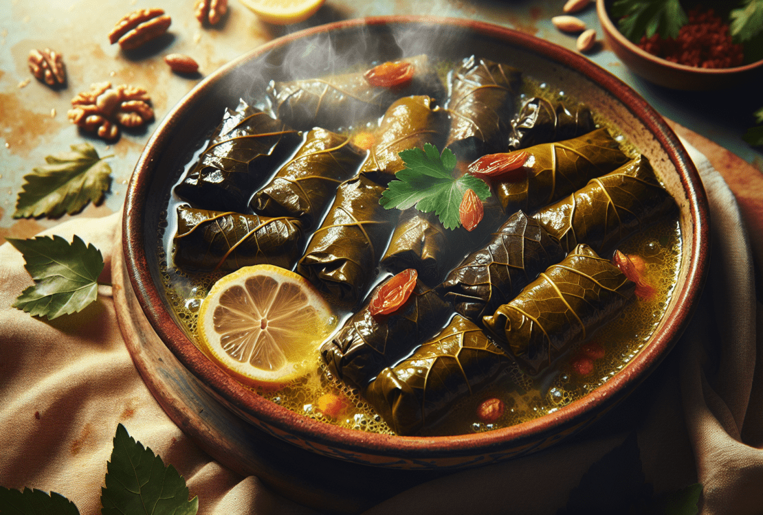 A vibrant plate of stuffed grape leaves, glistening in a lemony broth, garnished with fresh herbs.