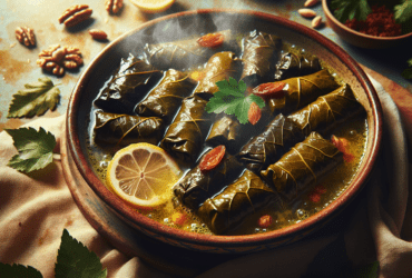 A vibrant plate of stuffed grape leaves, glistening in a lemony broth, garnished with fresh herbs.