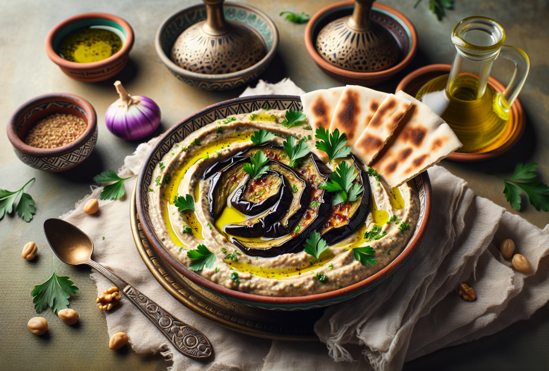 A bowl of creamy smoky eggplant dip garnished with olive oil and fresh parsley, served with pita bread.
