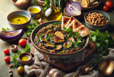 A vibrant bowl of smoky eggplant dip garnished with olive oil and parsley, served with warm pita bread.