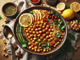 Savor the warmth of spiced chickpeas seasoned with cumin, complemented by a zesty lemon-garlic dressing. Best served warm. Store leftovers in an airtight container in the refrigerator for up to 3 days. Reheat gently before serving.