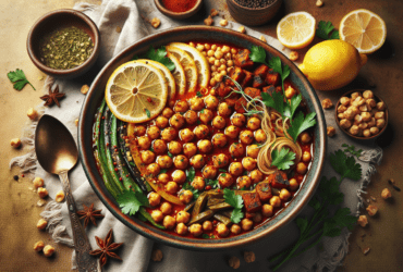 A vibrant bowl of warm spiced chickpeas garnished with fresh herbs and lemon slices.